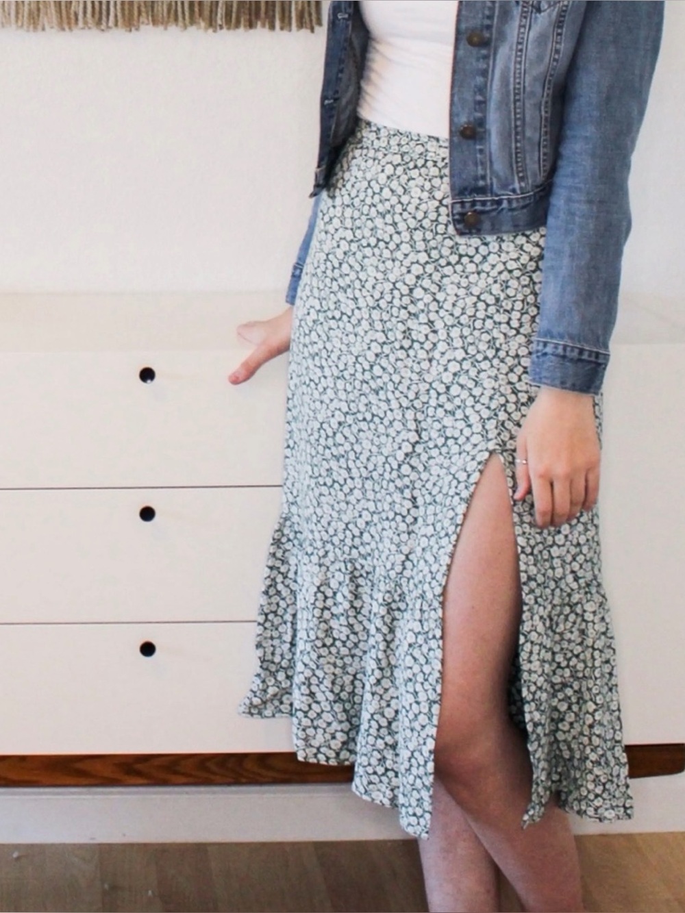 Abercrombie & Fitch  Green Floral Ditsy Tiered Skirt High Slit Ruffle Boho XS